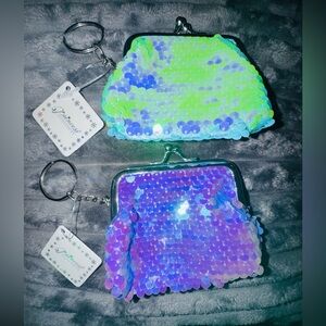 Iridescent Sequin Coin Pouches Keychain - Teal & Purple